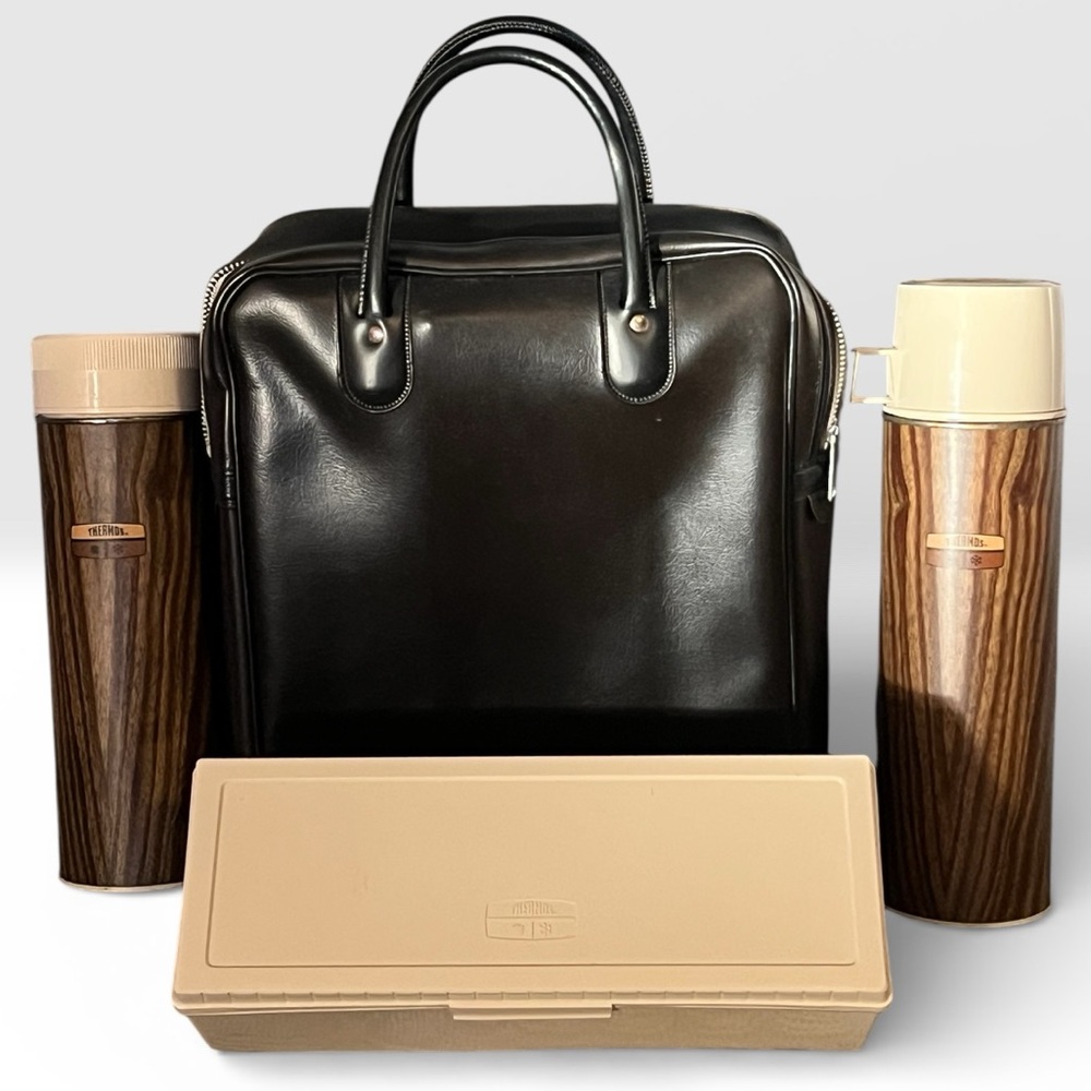 Thermos Lunchbox Set - Wood Grain Flasks & Food Box in Black Vinyl Bag